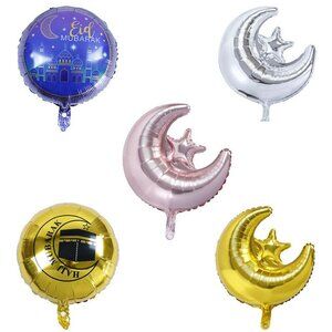 Set of 5 pcs Eid Mubarak Hajj Mubarak & Crescent Balloons 18" Balloons